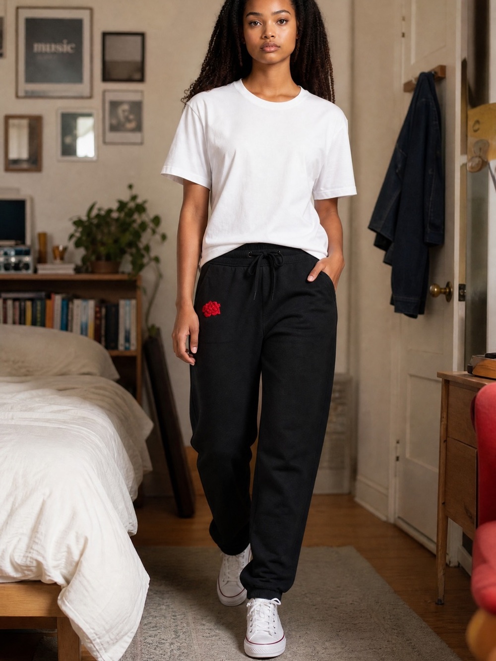 Classic Black Joggers with Red Embroidered Accent